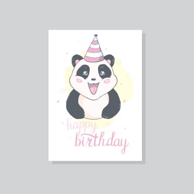 Panda vektör baskısı, bebek duş kartı. Panda çizgi filmi illüstrasyonu, tebrik kartı, doğum günü posteri ya da afişi için çocuk kartları, karalama davetiyesi