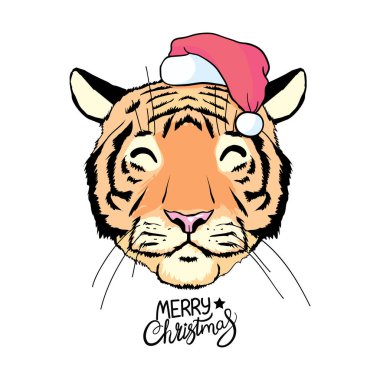 Vector güzel kaplan - kırmızı şapkalı Noel Baba. Mutlu yıllar..