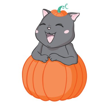 Cadılar Bayramı balkabağı ve hayaletinde kara kedi. Arka plan ayrı. Vektör, resimleme.