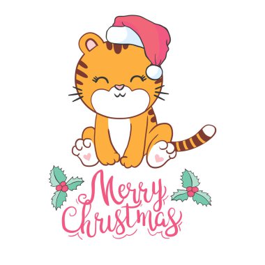 Vector güzel kaplan - kırmızı şapkalı Noel Baba. Mutlu yıllar..