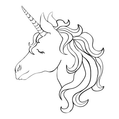 Tek boynuzlu at, bir logo, boyama kitabı, tebrik kartı için el çizimi vektör çizimi.