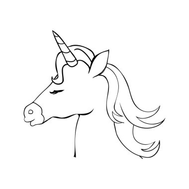 Tek boynuzlu at, bir logo, boyama kitabı, tebrik kartı için el çizimi vektör çizimi.