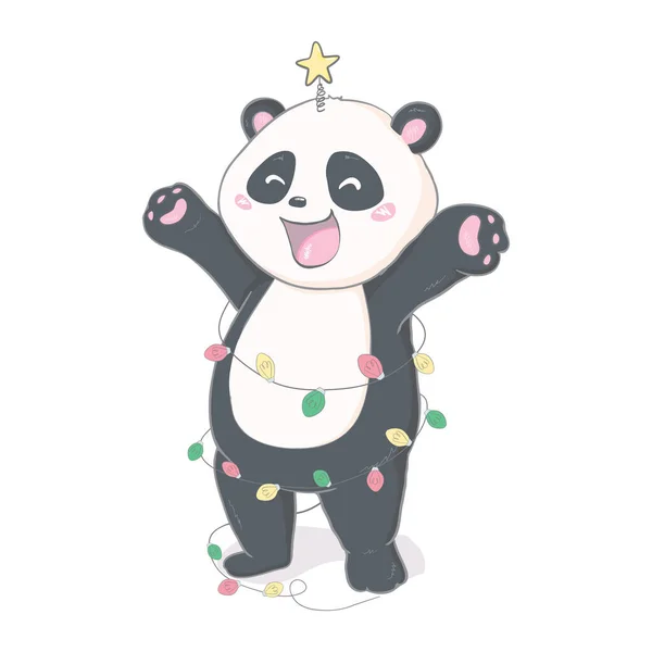 Aranyos Rajzfilm Panda Egy Piros Karácsonyi Kalap Fehér Háttér Vektorillusztráció — Stock Vector