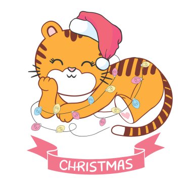 Vector güzel kaplan - kırmızı şapkalı Noel Baba. Mutlu yıllar..