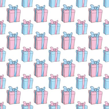Hediye kutuları kusursuz desen. Parlak vektör çizimi. Parti, kutlama ve satış konsepti.