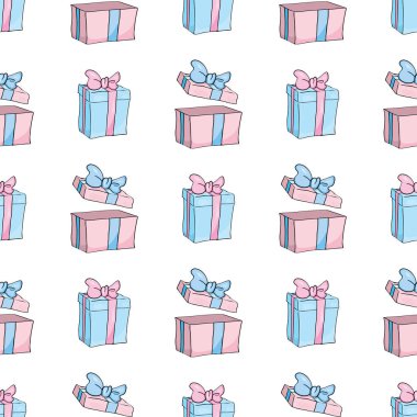 Hediye kutuları kusursuz desen. Parlak vektör çizimi. Parti, kutlama ve satış konsepti.