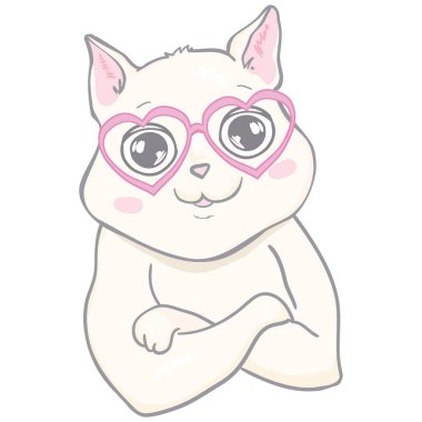 Şirin kedi illüstrasyonu. El yapımı kedi yavrusu sanatı. Gözlüklü Doodle Kitty. Karikatür hayvanı beyazda izole edilmiş. Komik bir tip. Kartlar, posterler, çocuklar için ideal.