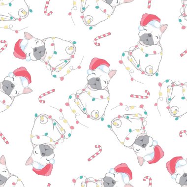 Duvar kağıdı tekrar kiremit arka plan köpek seamless modeli Noel vektör Fransız buldozer Noel Baba Noel şapka şeker kamışı eşarp çizgi film illüstrasyon izole