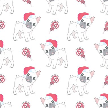 Duvar kağıdı tekrar kiremit arka plan köpek seamless modeli Noel vektör Fransız buldozer Noel Baba Noel şapka şeker kamışı eşarp çizgi film illüstrasyon izole