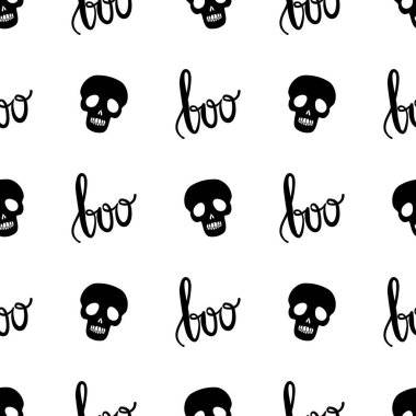 Vektör Cadılar Bayramı kusursuz desen. Cadılar Bayramı partisi posteri için tasarım malzemeleri. Çizgi film çizimi. Beyaz arkaplanda izole edilmiş nesneler.