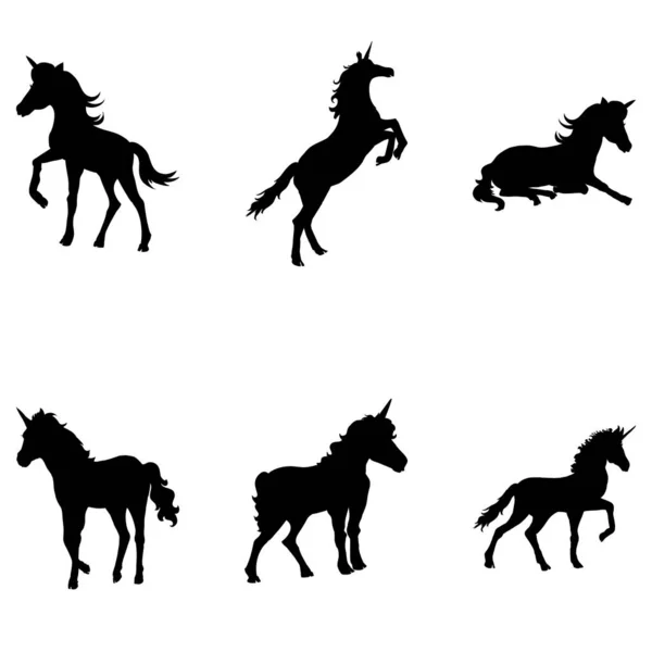 Set Indah Unicorn Siluet Pada Latar Belakang Putih Vektor Ilustrasi - Stok Vektor