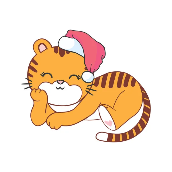 Vector Bonito Tigre Santa Claus Con Sombrero Rojo Feliz Año — Vector de stock
