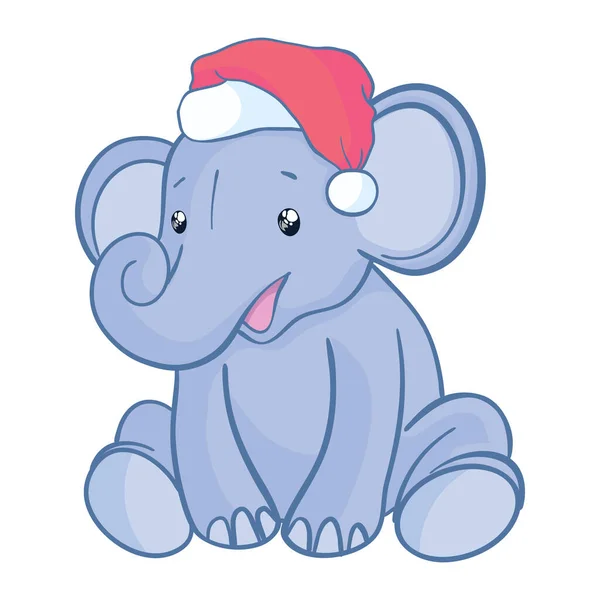 Engraçado Desenho Animado Elefante Papai Noel Celebra Natal Com Chapéu —  Vetores de Stock