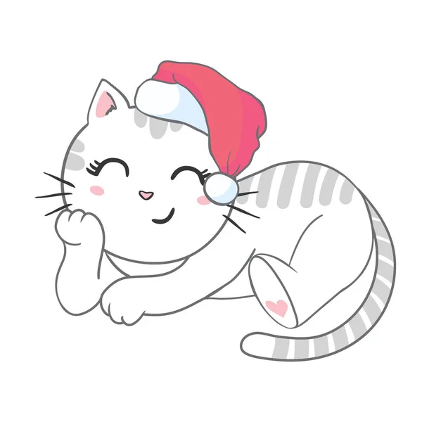Lindo Gatito Sombrero Santa Gracioso Gato Ilustración Navidad Puede Utilizar — Vector de stock