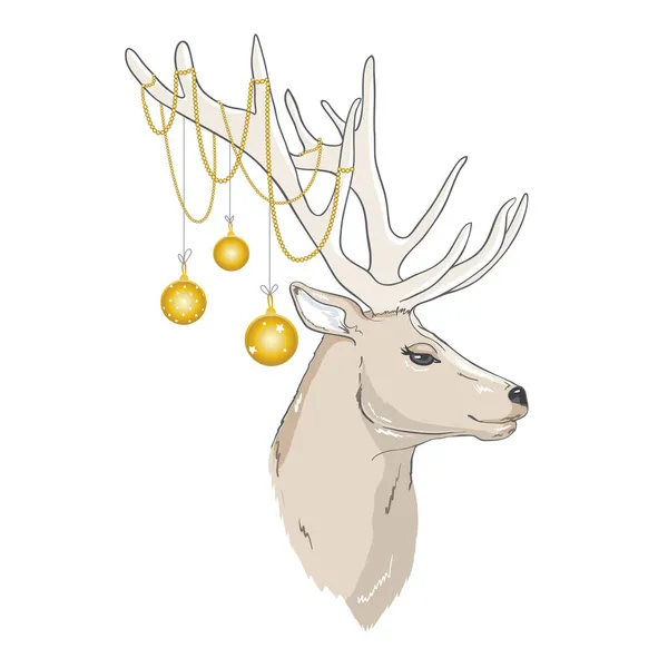 Cerf Avec Des Boules Noël Sur Les Cornes Carte Noël — Image vectorielle