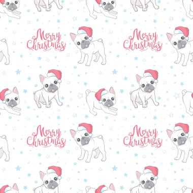 Noel 'de her şey kusursuz olacak. Fransız buldog Noel Baba Xmas şapkası ve baston şeker çizgi filmi.