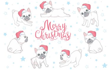 Mutlu yıllar kartı. Noel Baba şapkalı şirin Fransız bulldog 'lu soyut kart. Vektör illüstrasyonu.