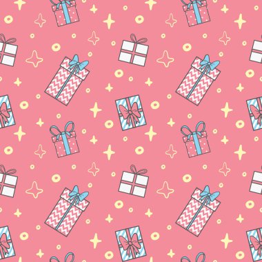 Yılbaşı hediye kutuları vektör desenli. Fiyonklu hediye kutularıyla kusursuz bir arka plan. Tebrik kartları, davetiyeler, posterler için resim.