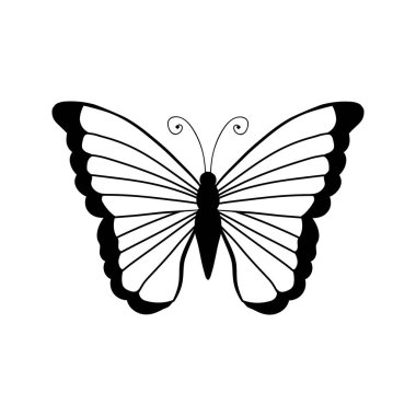 Kocaman sevimli bir kelebek. Kağıt üzerine karalama tarzı kalemle çizilmiş serbest doğrusal siyah mürekkep el logosu.