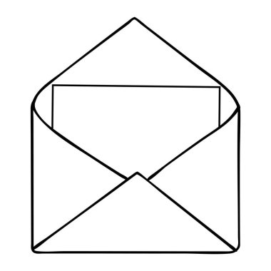 Zarf taslak çizim vektörü ve illüstrasyonu, siyah ve beyaz, el çizimi, çizim tarzı, beyaz arkaplanda izole edilmiş..