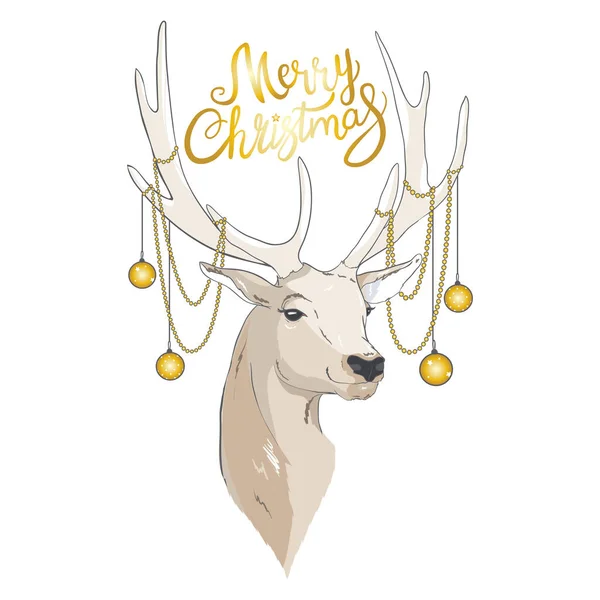 鹿角上挂着圣诞球 有鹿和信的圣诞卡 可爱的冬季海报 圣诞卡 礼物标签 — 图库矢量图片
