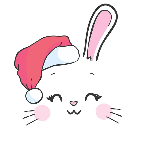Милая Кроличья Карточка Шляпа Санта Клауса Векторной Иллюстрации Кролика Новогодний — стоковый вектор