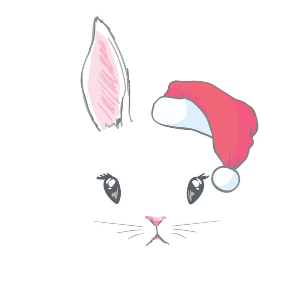 可爱的兔子卡 圣诞老人帽子在兔子矢量插图 新年广场横幅与微笑的兔子 寒假套餐设计 平坦森林动物 — 图库矢量图片