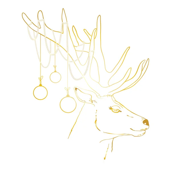 Christmas New Year Sketch Deer Various Christmas Balls Hand Drawn — Stock Vector