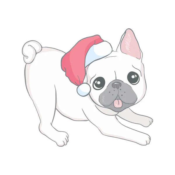 Tarjeta Navidad Imagen Retrato Bulldog Francés Sombreros Santa Ilustración Vectorial — Vector de stock