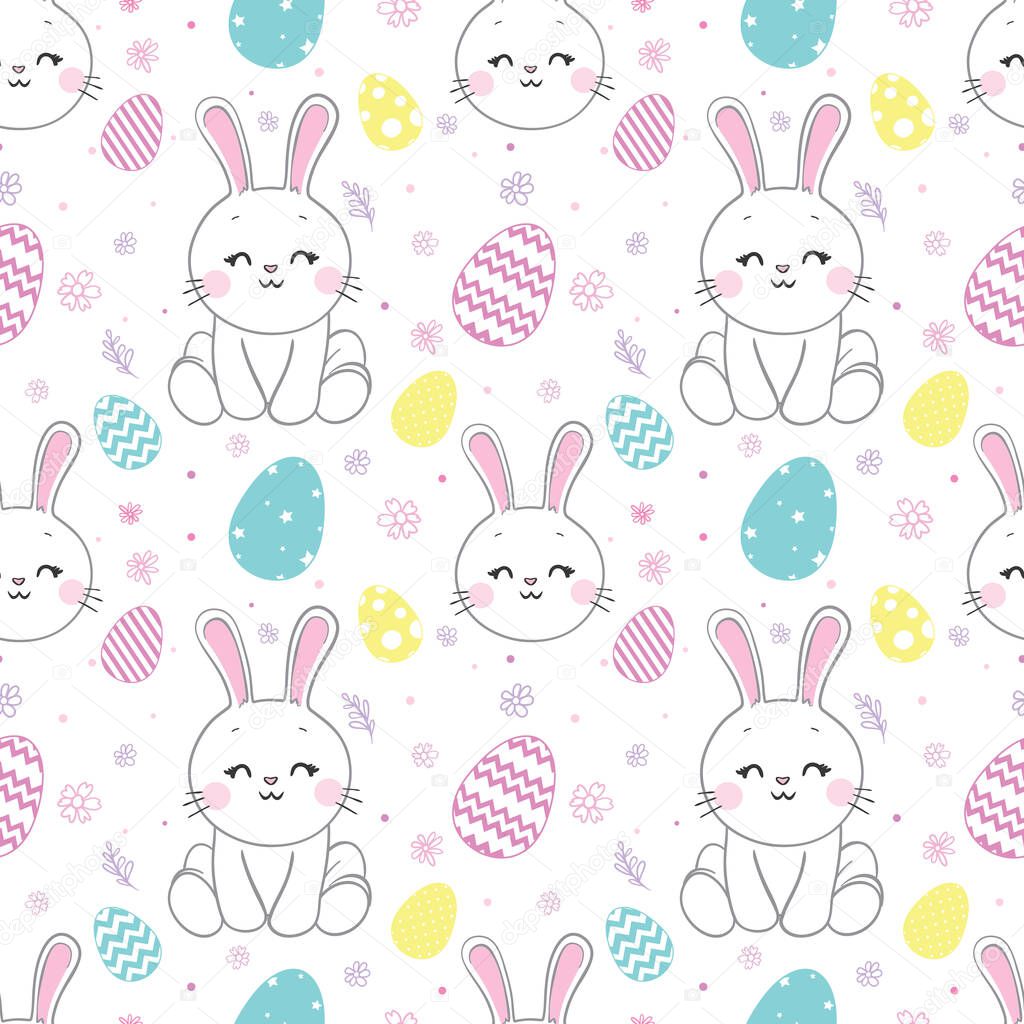 Seamless pattern with daisy garden and rabbits on pink background vector illustration. Cute cartoon character.