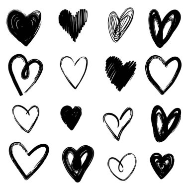 Beyaz arka planda el çizimi kalpler. Doodle tarzı. Vektör illüstrasyonu.