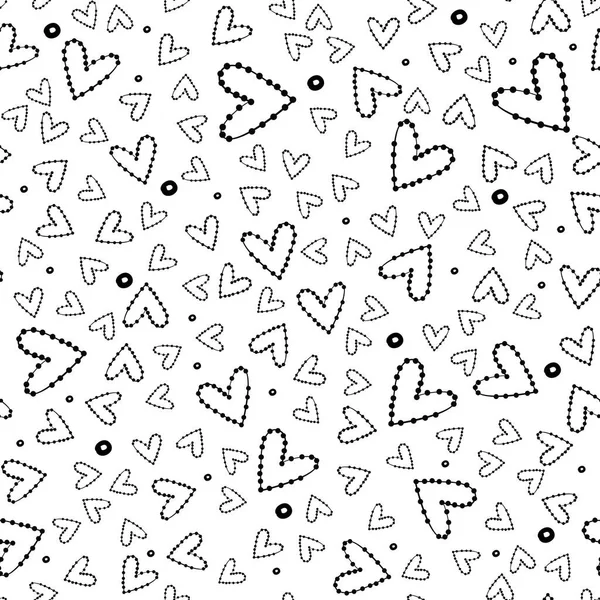 ハートのシームレスなパターン 心を持つポルカドット 白い背景にフリーハンドの愛のシンボルイラスト — ストックベクタ