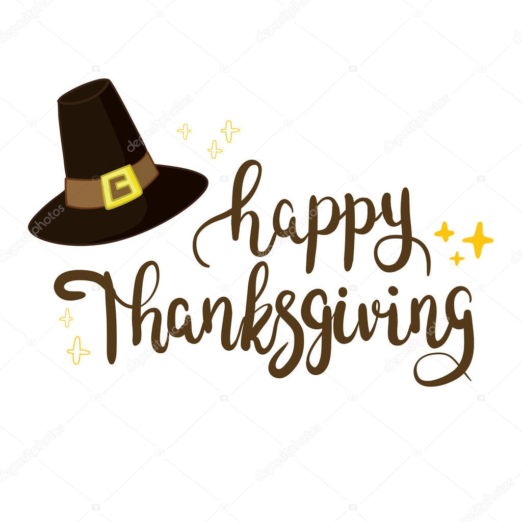 Happy Thanksgiving Day. Vector Illustration with Hand Lettered Text and a Turkey silhouette with orange background.