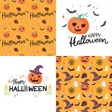 Cadılar Bayramı seti - balkabağı. Tatil süslemeleri ve çıkartmalar için mükemmel.