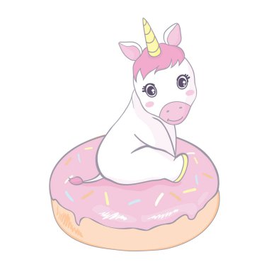 Tatlı unicorn vektörü çörek ve çay saati tatlı tatlı tatlı pastel rengi, beyaz renkli Kawaii illüstrasyonu.. 