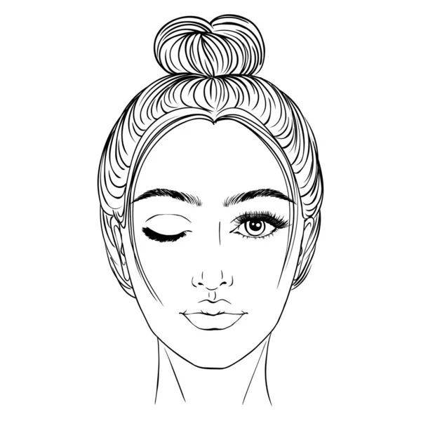 Woman Stylish Classic Bun Perfet Eyebrow Kształt Pełne Ilustracja Biznesowej — Wektor stockowy