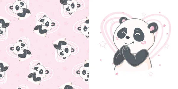 Płynny Wzór Panda Wektor Serca Ilustracja Projekt Kartka Okolicznościowa Walentynki — Wektor stockowy