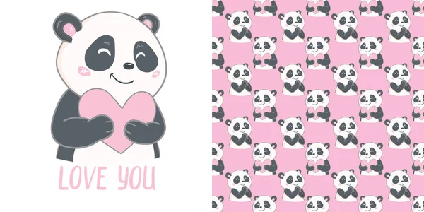 Padrão Sem Costura Panda Coração Vetor Ilustração Design Cartão Saudação — Vetor de Stock