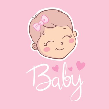 Pembe kurdeleli küçük bir kız. Çocuk karalaması pembe renkli vektör çizimi. Kızsal yüzey tasarımları, kumaş baskısı, kart baskısı, modaya uygun bebek kıyafetleri, bebek partisi,