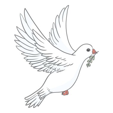 Pigeon with green olive branch on white background. Logo, symbol of love and messengers. Flat vector Beautiful graphic isolated element. Flying cartoon bird drawing.