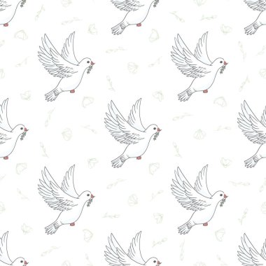 Beyaz arka planda pürüzsüz bir barış güvercini deseni. Ağ için beyaz güvercinin yeşil zeytin dalının vektör çizimi, yazdırma