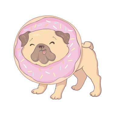 Pembe donutlu Puppy Pug. Espri posteri, tişört kompozisyonu, el çizimi stili baskı. vektör illüstrasyonu.