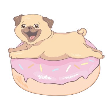 Pembe donutlu Puppy Pug. Espri posteri, tişört kompozisyonu, el çizimi stili baskı. vektör illüstrasyonu.