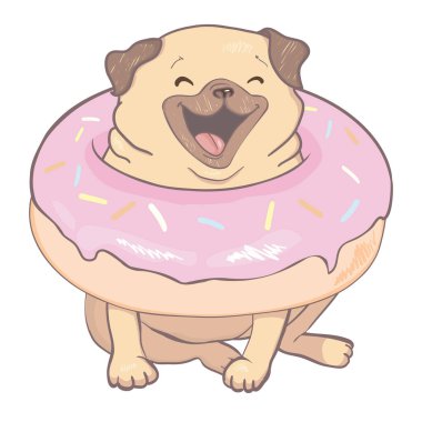 Pembe donutlu Puppy Pug. Espri posteri, tişört kompozisyonu, el çizimi stili baskı. vektör illüstrasyonu.