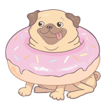 Pembe donutlu Puppy Pug. Espri posteri, tişört kompozisyonu, el çizimi stili baskı. vektör illüstrasyonu.