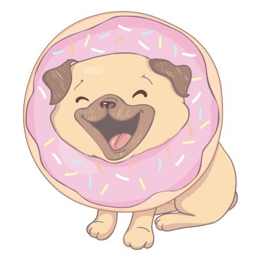Pembe donutlu Puppy Pug. Espri posteri, tişört kompozisyonu, el çizimi stili baskı. vektör illüstrasyonu.