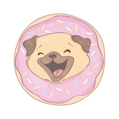 Pembe donutlu Puppy Pug. Espri posteri, tişört kompozisyonu, el çizimi stili baskı. vektör illüstrasyonu.