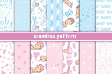 Yeni doğanlar için hazırlanmış tasarımlar. Bu bir oğlan. Bu bir kız. Vektör çizimi. Bir dizi kartpostal ve geçmiş.