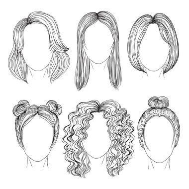 set of different hair and hairstyle. pencil drawing sketch. vector illustration