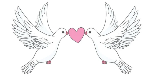 Dove Heart Symmetrical Composition Two White Pigeons Vintage Vector Illustration — ストックベクタ